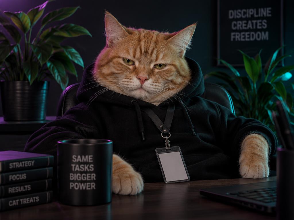 Opus Cat wearing an employee ID badge in an office with plants