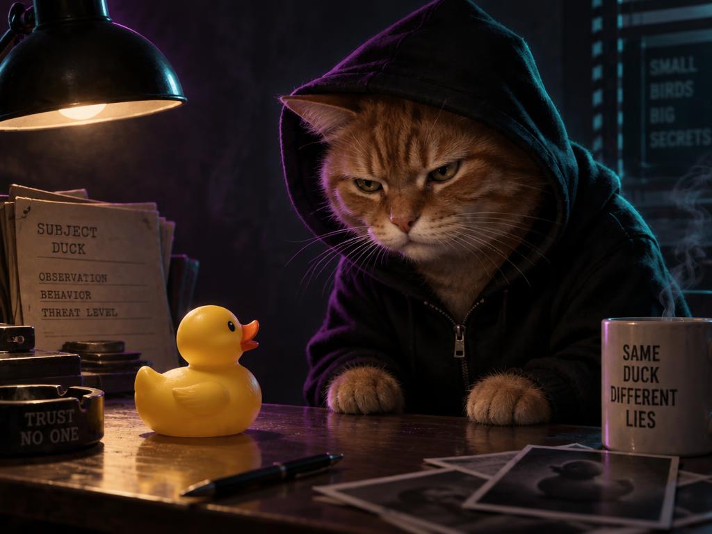 Opus Cat staring suspiciously at a small yellow rubber duck under a desk lamp