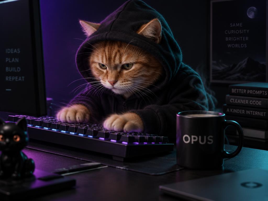 Opus Cat in a black hoodie typing on a mechanical keyboard next to a mug labeled OPUS