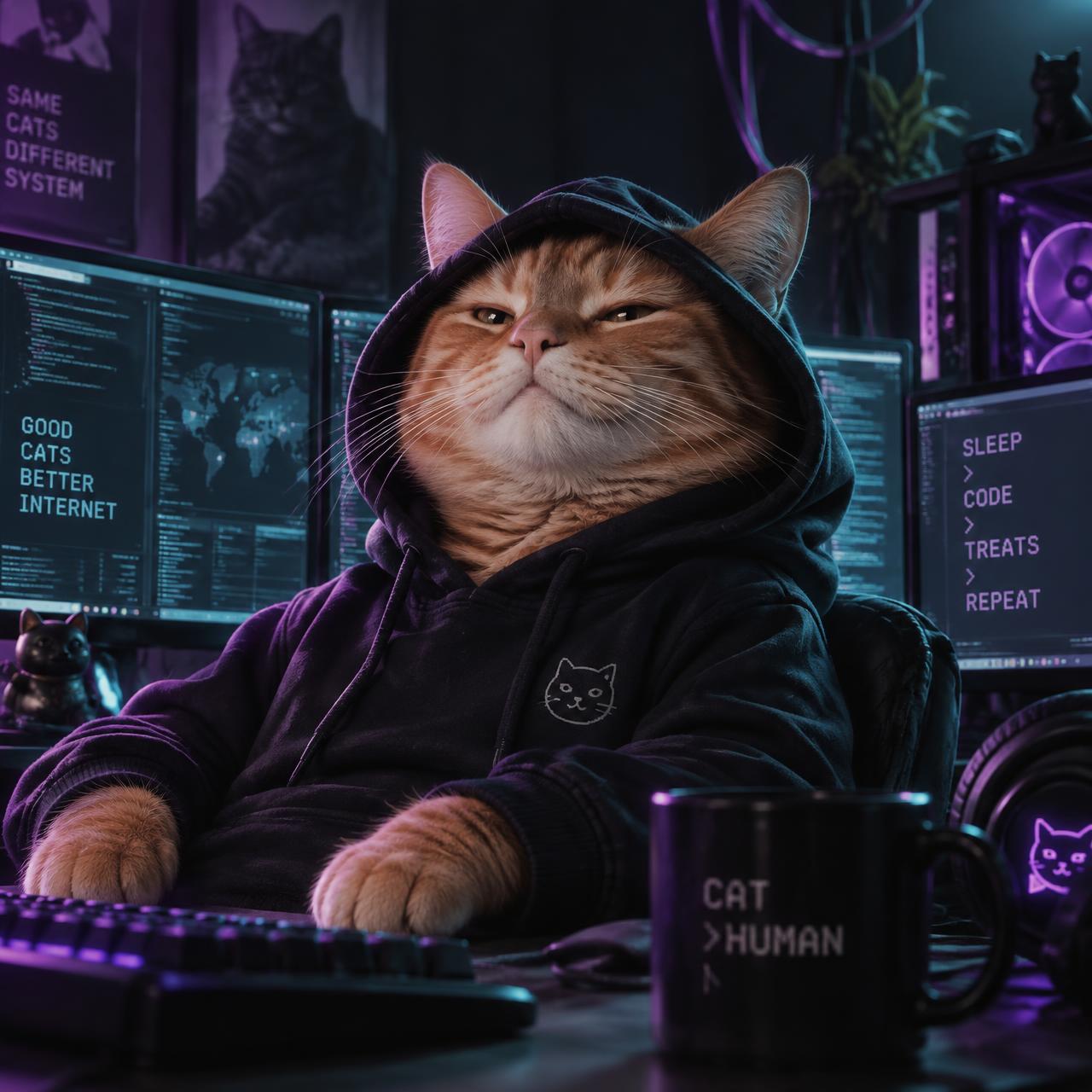 Opus Cat: a smug orange cat in a black hoodie lit by glowing monitors